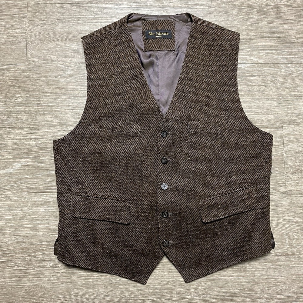 Allen Edmonds Tweed Suit Vest Men's M Brown 100% Wool Dress Formal Academia READ